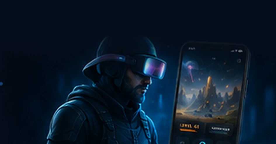 Futuristische ELARQO-visual met een personage en mobiele game